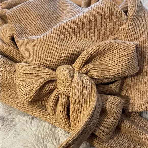 Anthropologie Wrap Sweater Ribbed Honey Beige Tie Front sz SM - Picture 3 of 5